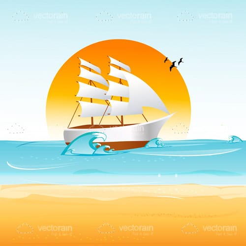 Illustrated Ship Sailing on the Sea In Front of a Large Sun